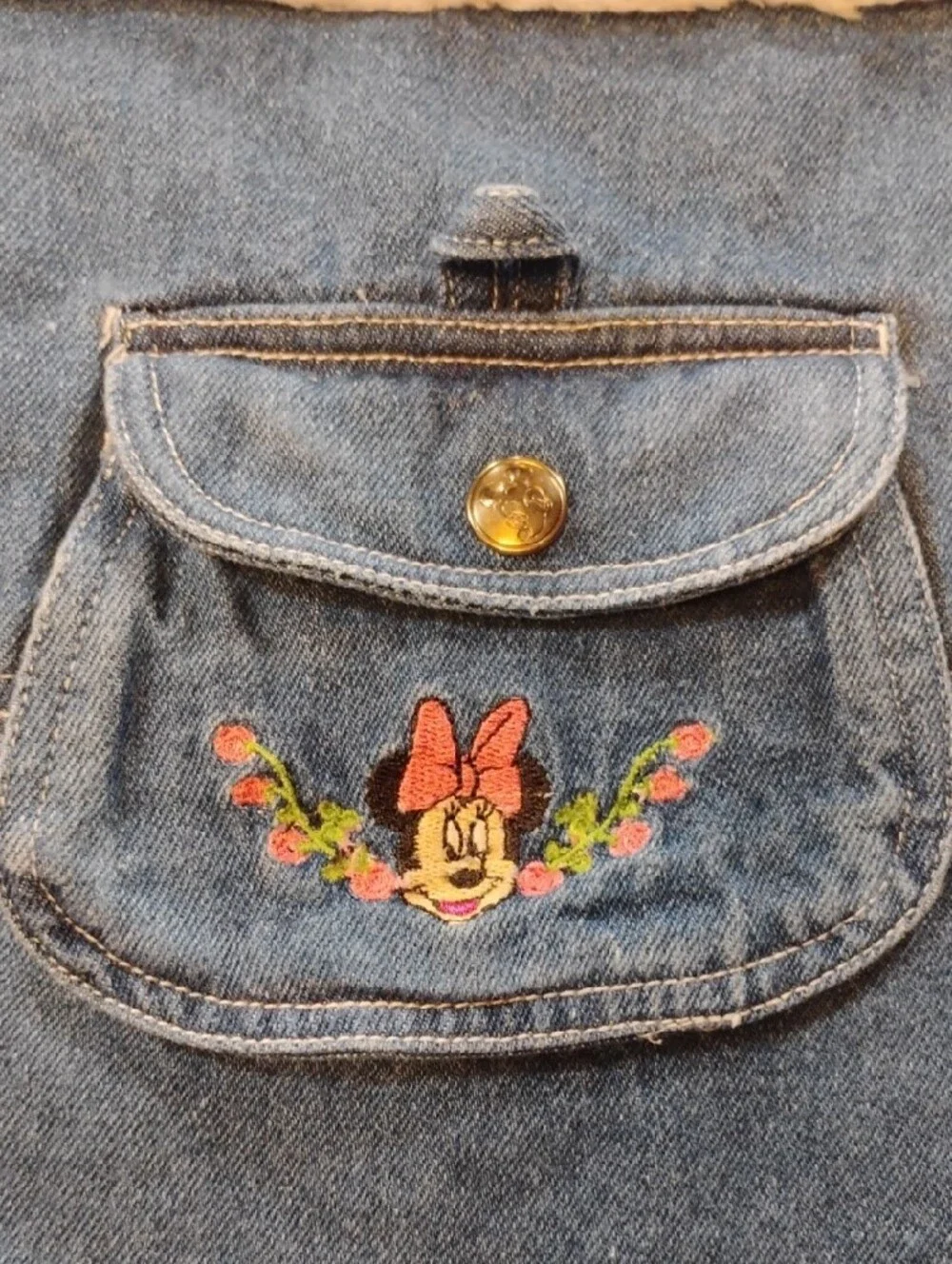 Girls 3T Vintage Minnie Mouse Denim Pinafore Dress with Faux Fur Trim